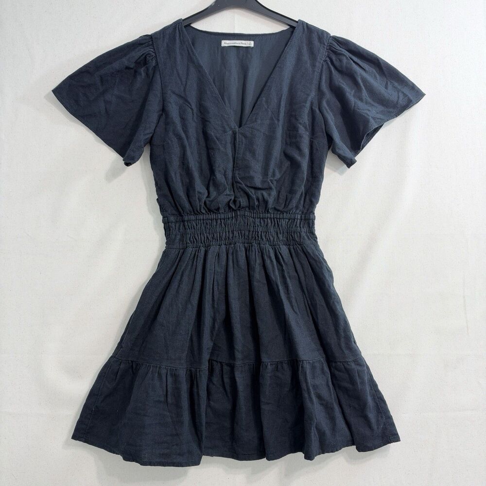 Abercrombie & Fitch Black Linen Blend V Neck Dress Size S Cinched Waist Pockets